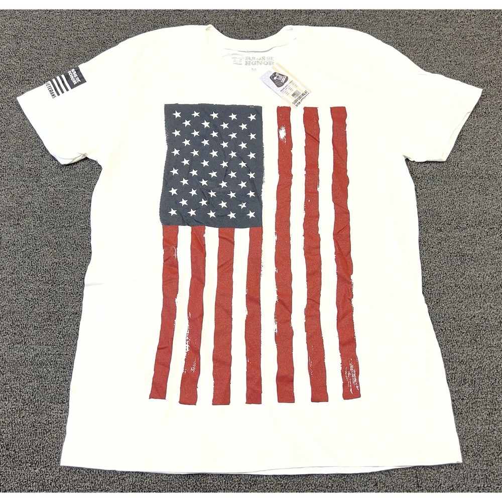 Rags Of Honor American Flag T Shirt Men's Medium White USA Patriotic Veteran NWT